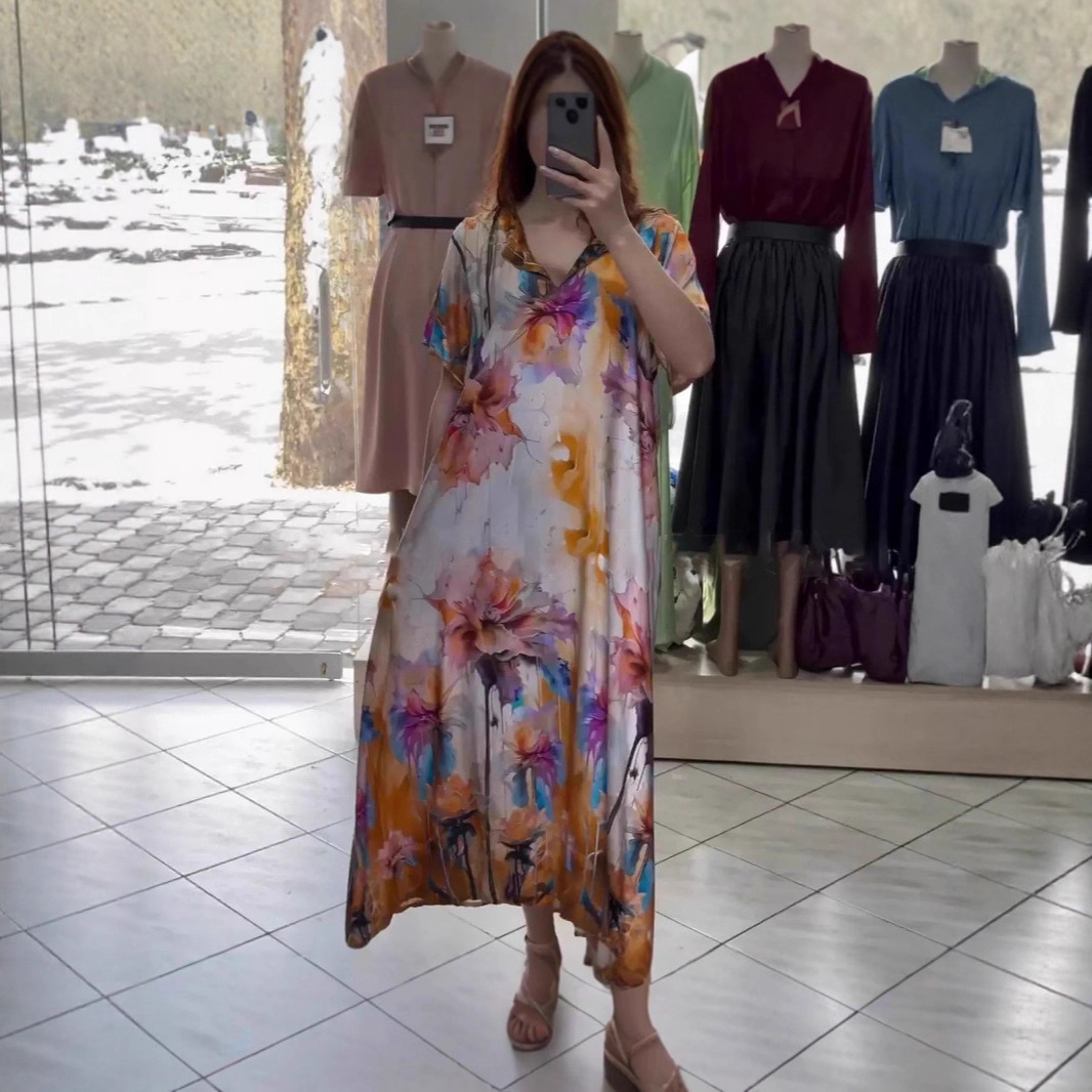 Women's Printed V-Neck Collared Casual Long Vacation Dress
