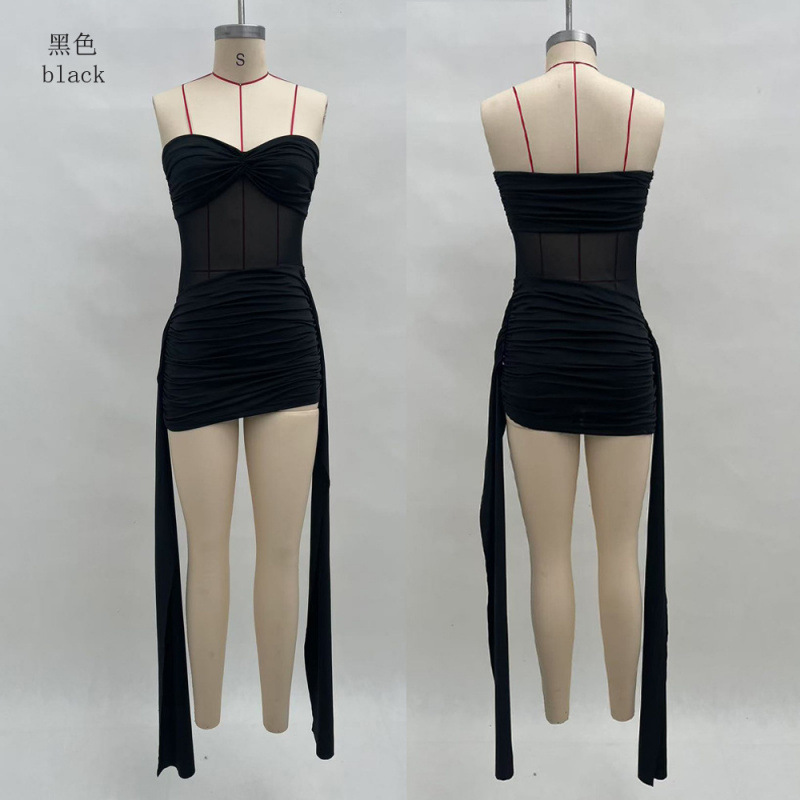 Women's Summer Mesh Panel Strapless Bodycon Dress with Ribbon Accent
