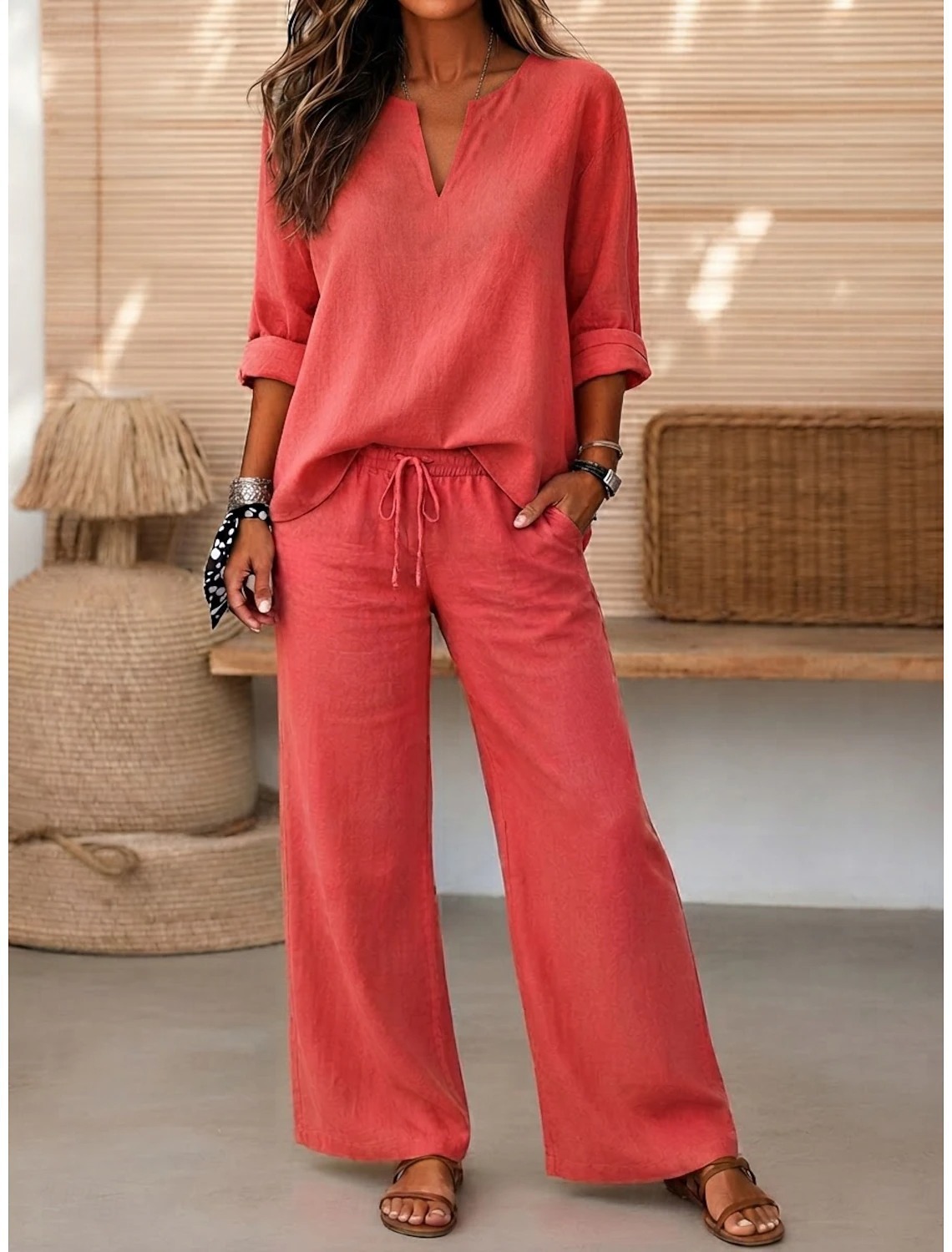 Women's Elegant Casual V-Neck Top and Straight-Leg Pants Two-Piece Set