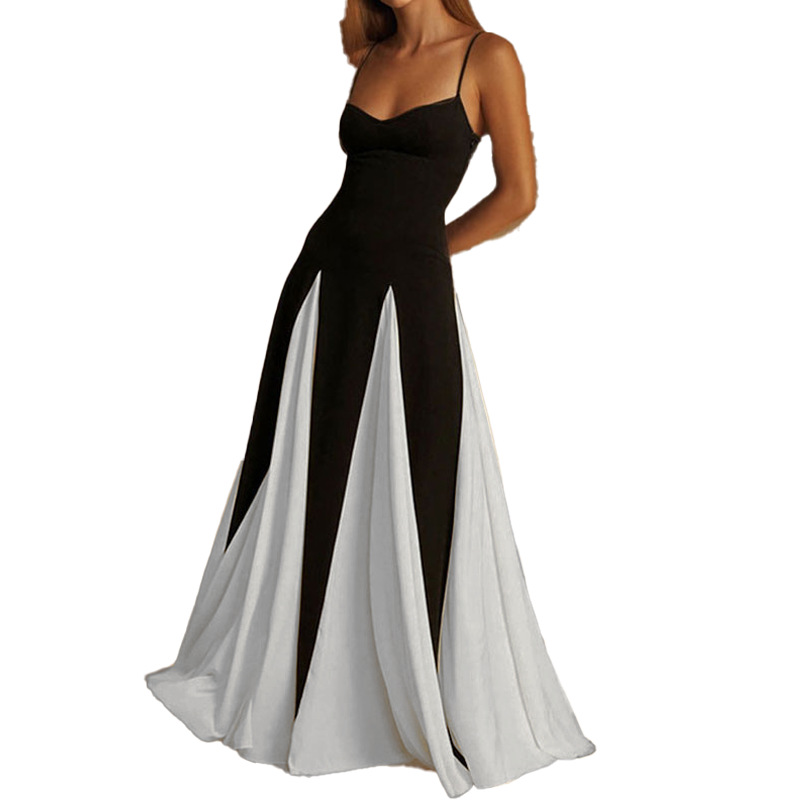 Elegant Color-Block Sleeveless Maxi Dress with V-Neck and Full Skirt