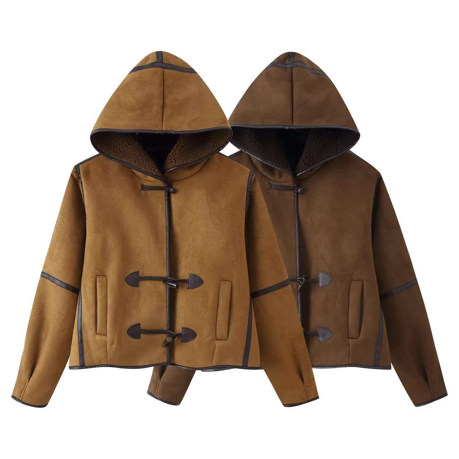 Faux Fur Hooded Horn Button Thickened Jacket Coat