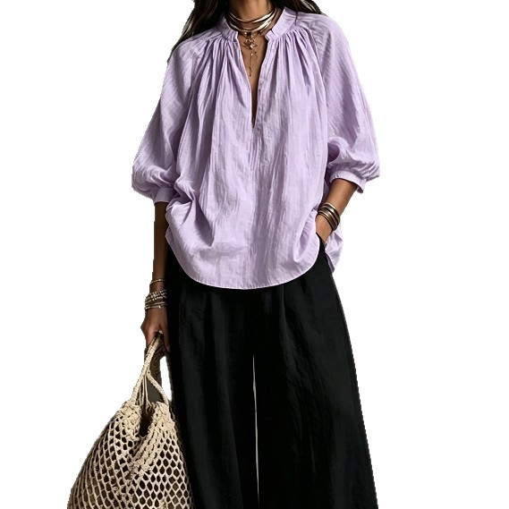 Women's Solid Color Stand Collar Lantern Sleeve Top & Wide-Leg Pants Two-Piece Set