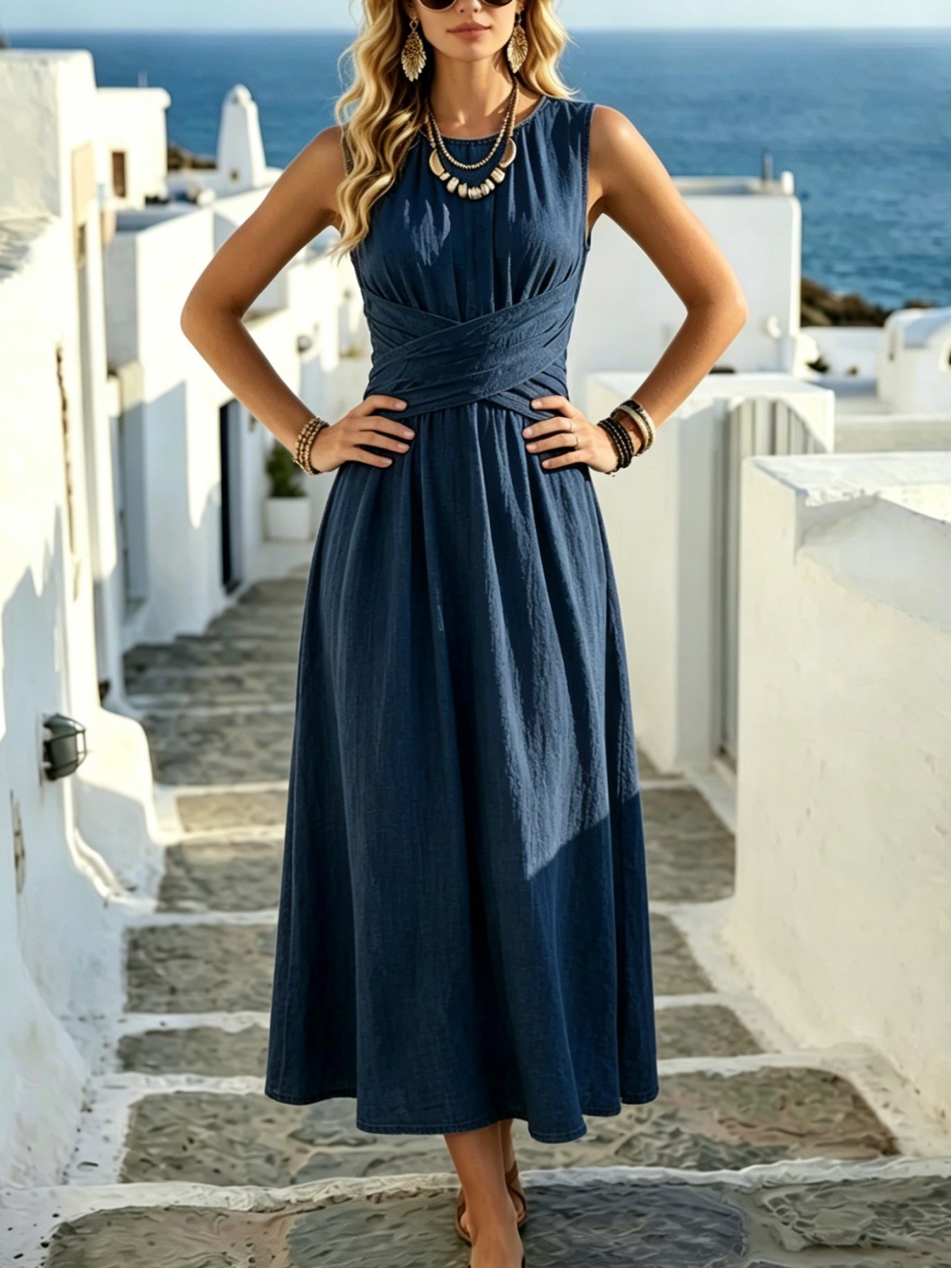 Women's Sleeveless Cross-Waist Maxi Dress A-Line High Waist Elegant Vacation