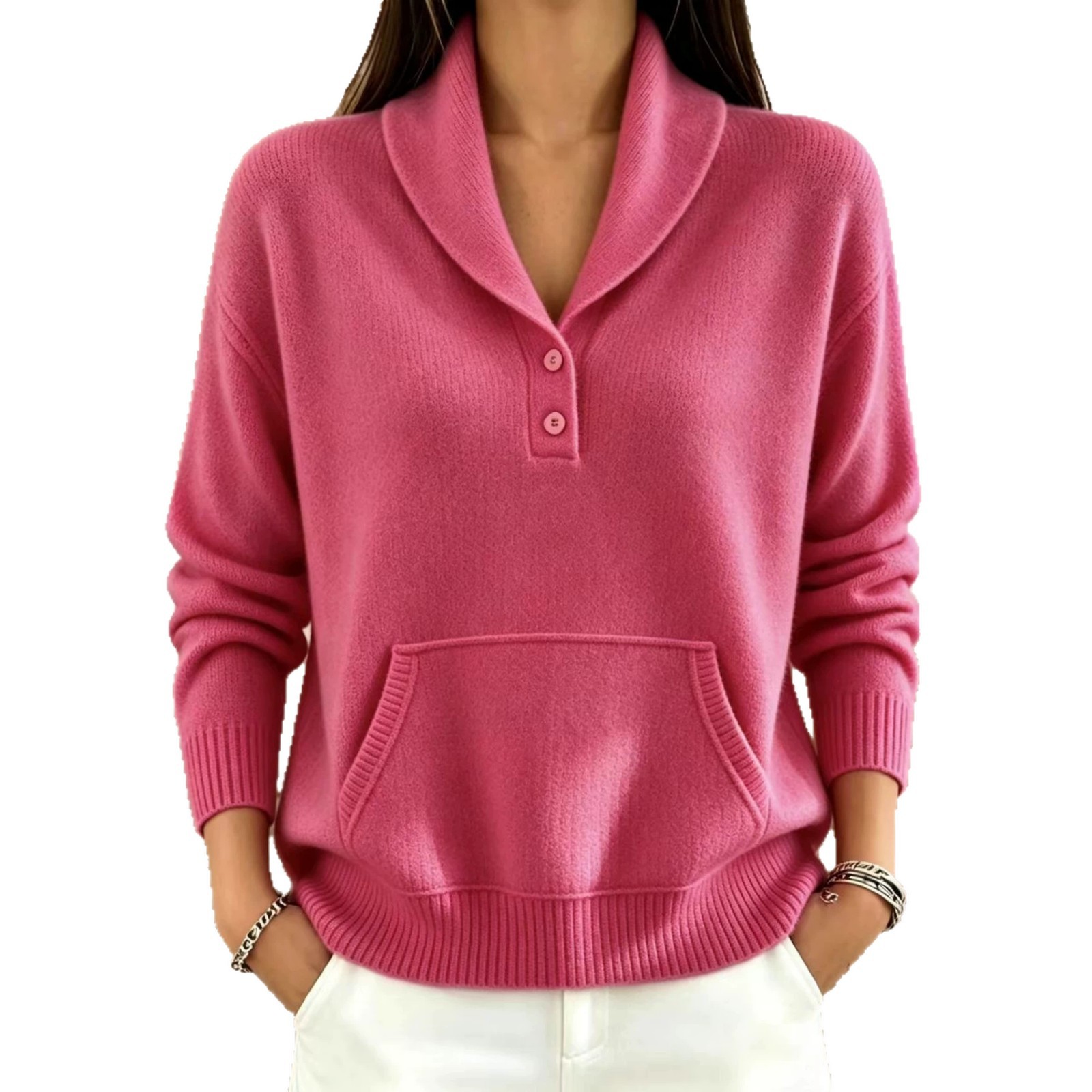 Suit-Collar Button Kangaroo Pocket Sweater for Women