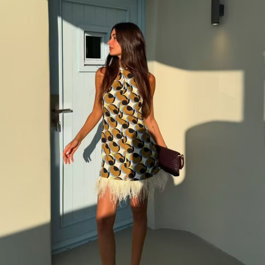 Feather Trim Geometric Print Halter Dress