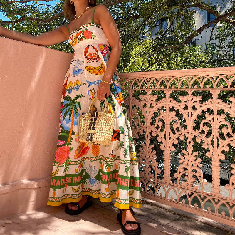 Women's Sleeveless Printed Linen Maxi Dress with Flowy Skirt