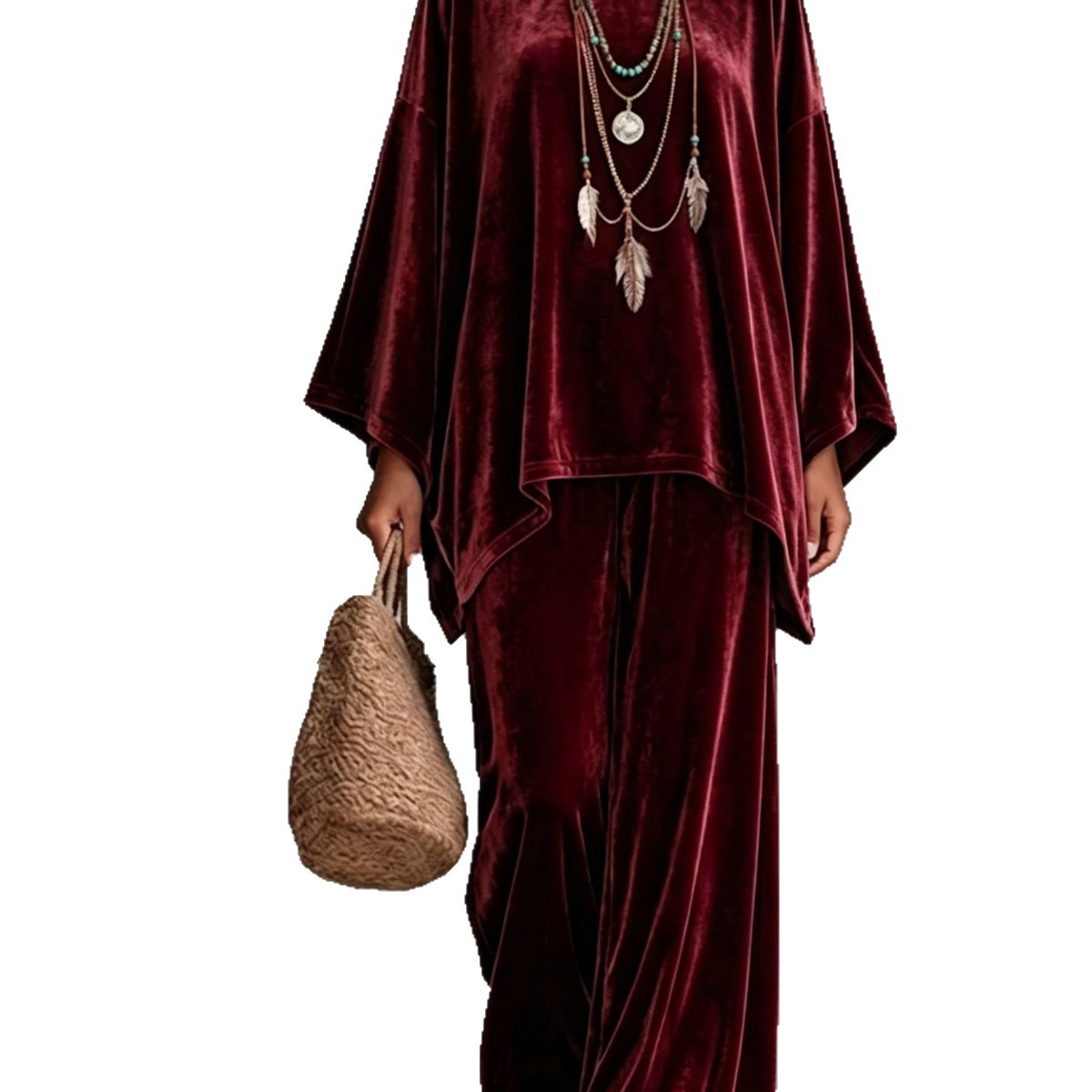 Velvet Round Neck Long Sleeve Loose Top & Wide Leg Pants Set