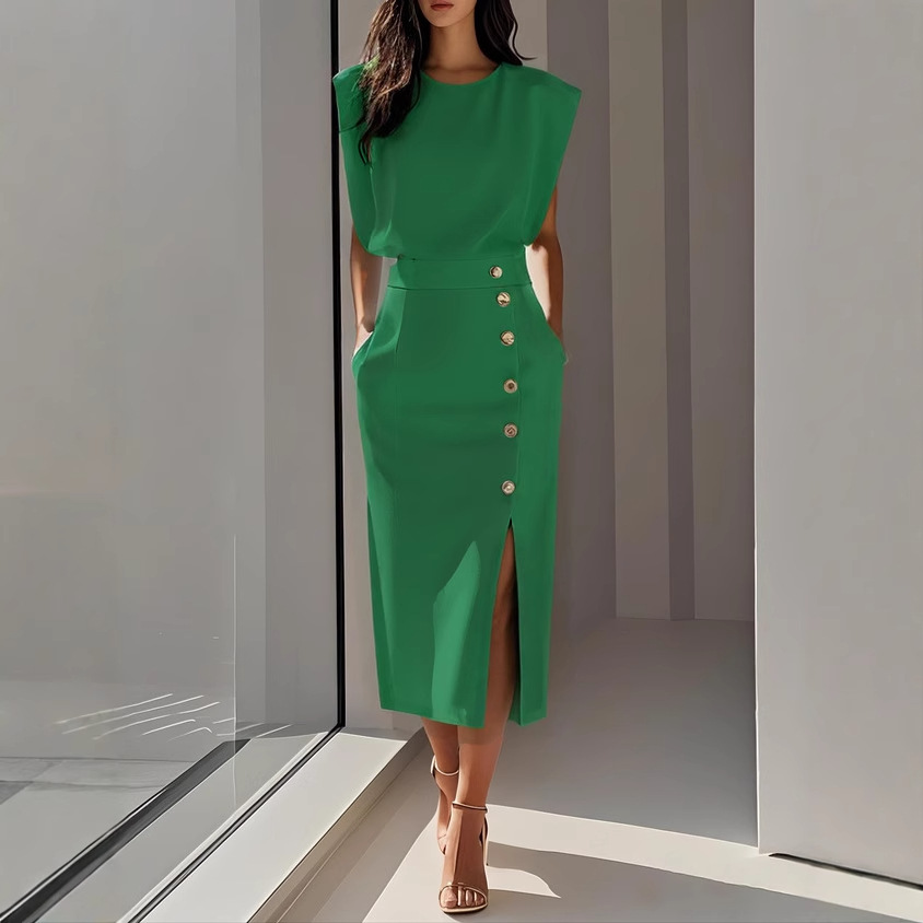 Women's Sleeveless Crew Neck Button Split Bodycon Midi Dress
