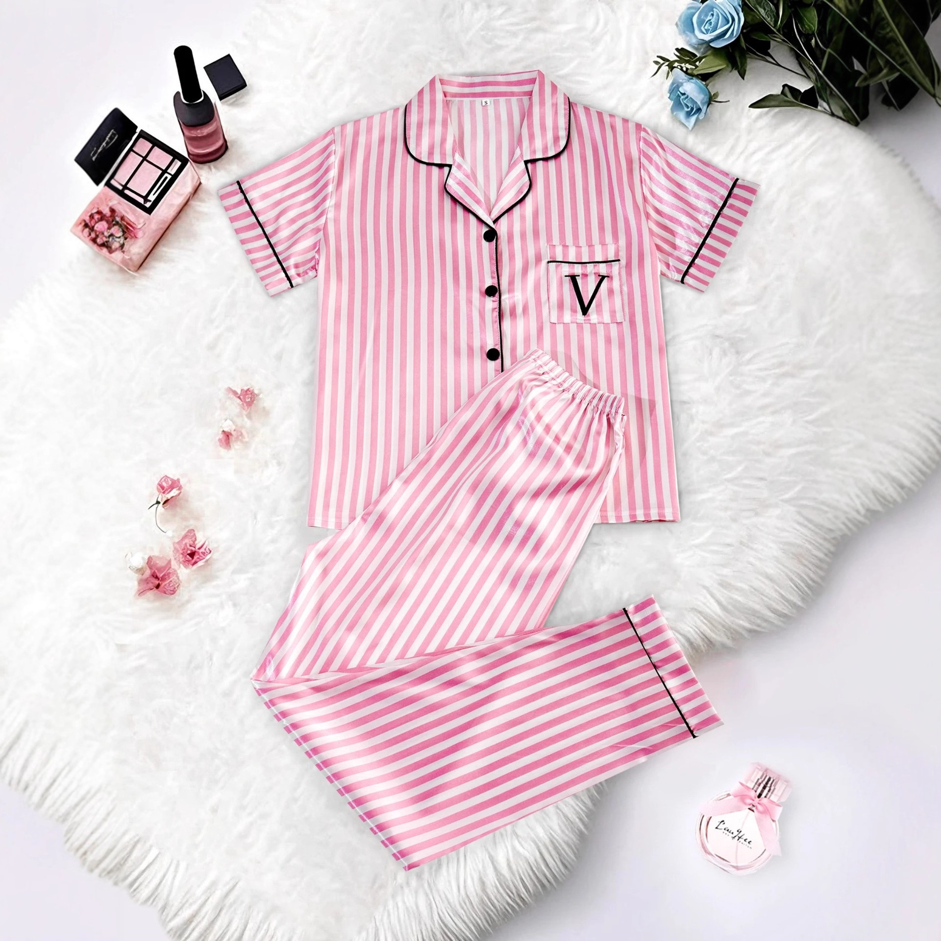 Women's Striped Cuban Collar Short Sleeve Shirt and Pants Set