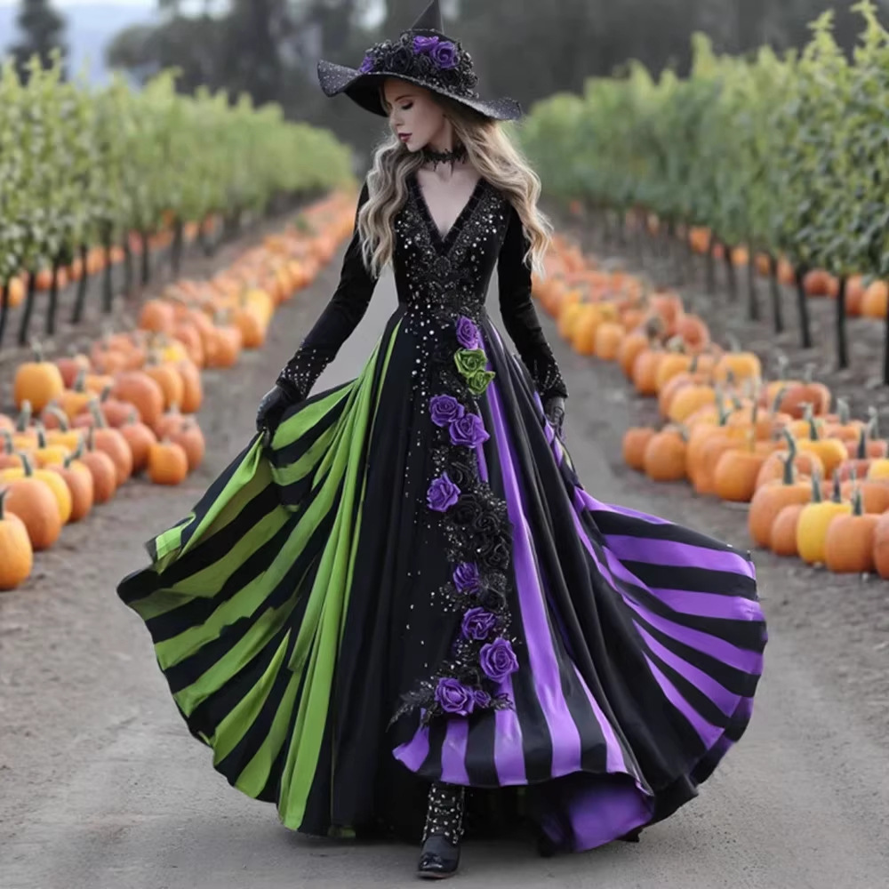 3D Digital Print V-Neck Long Sleeve Maxi Dress with Flared Skirt