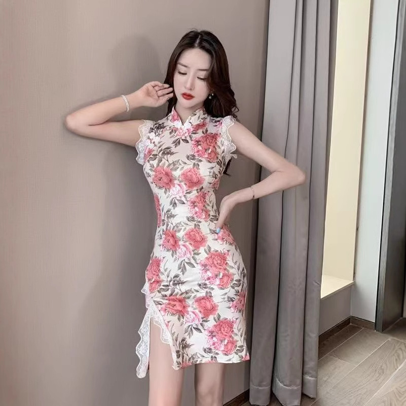Chinese-Style Floral Print Cheongsam Dress with Waist and Slit