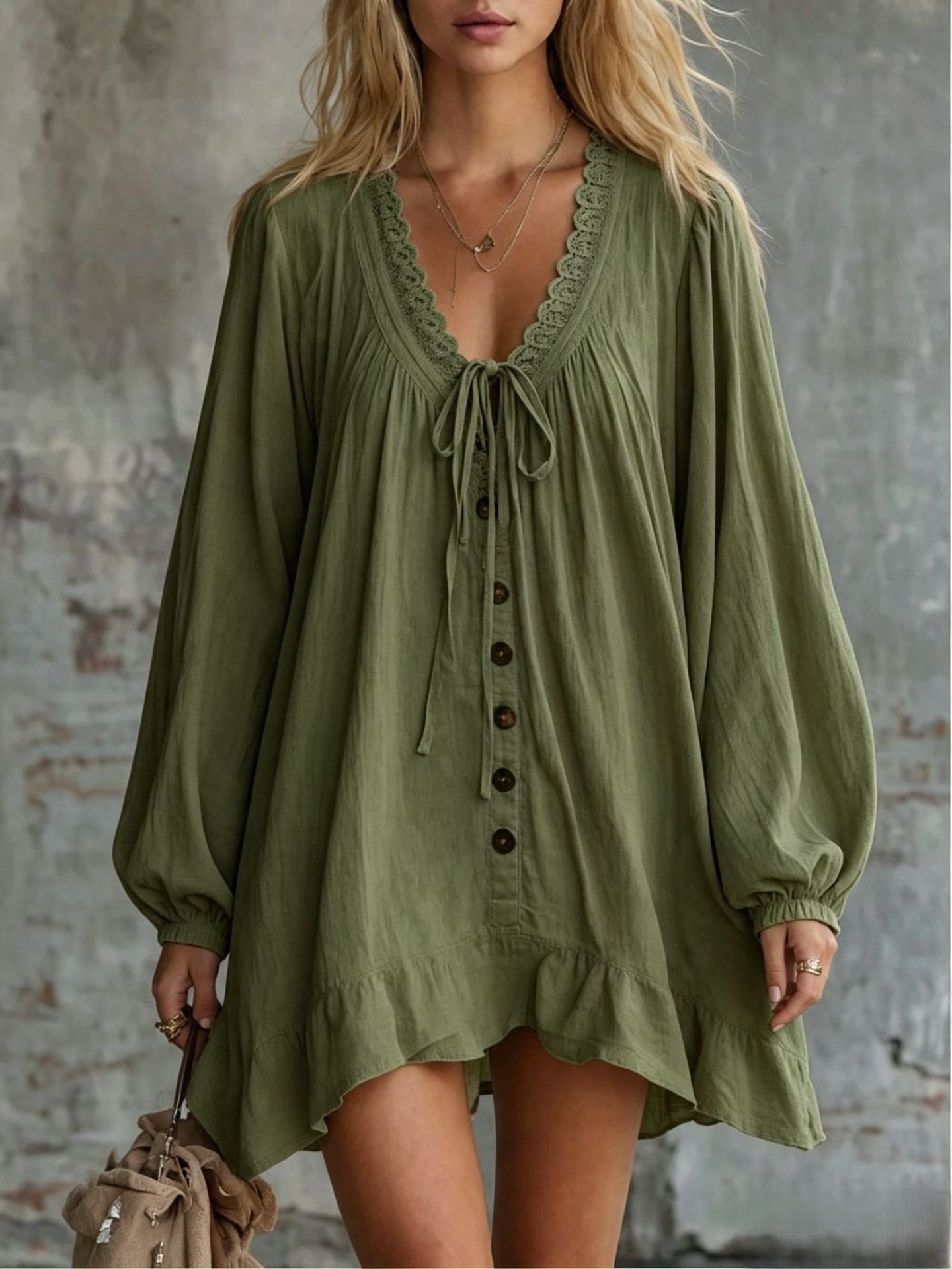 Women's Lace Trim V-Neck Tie Lantern Sleeve Loose Long Sleeve Dress