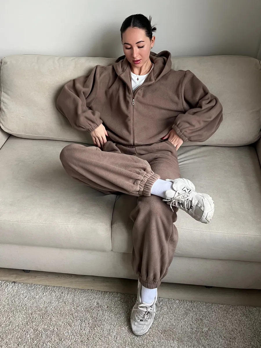 Women's Casual Hooded Zip-Up Tracksuit Set Long Sleeve Solid Color