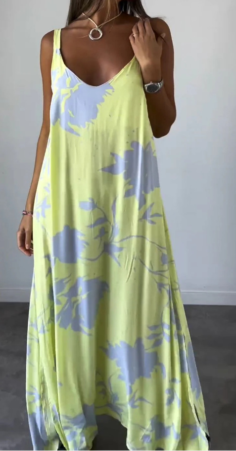 Floral Print V-Neck Open-Back Sleeveless A-Line Maxi Dress