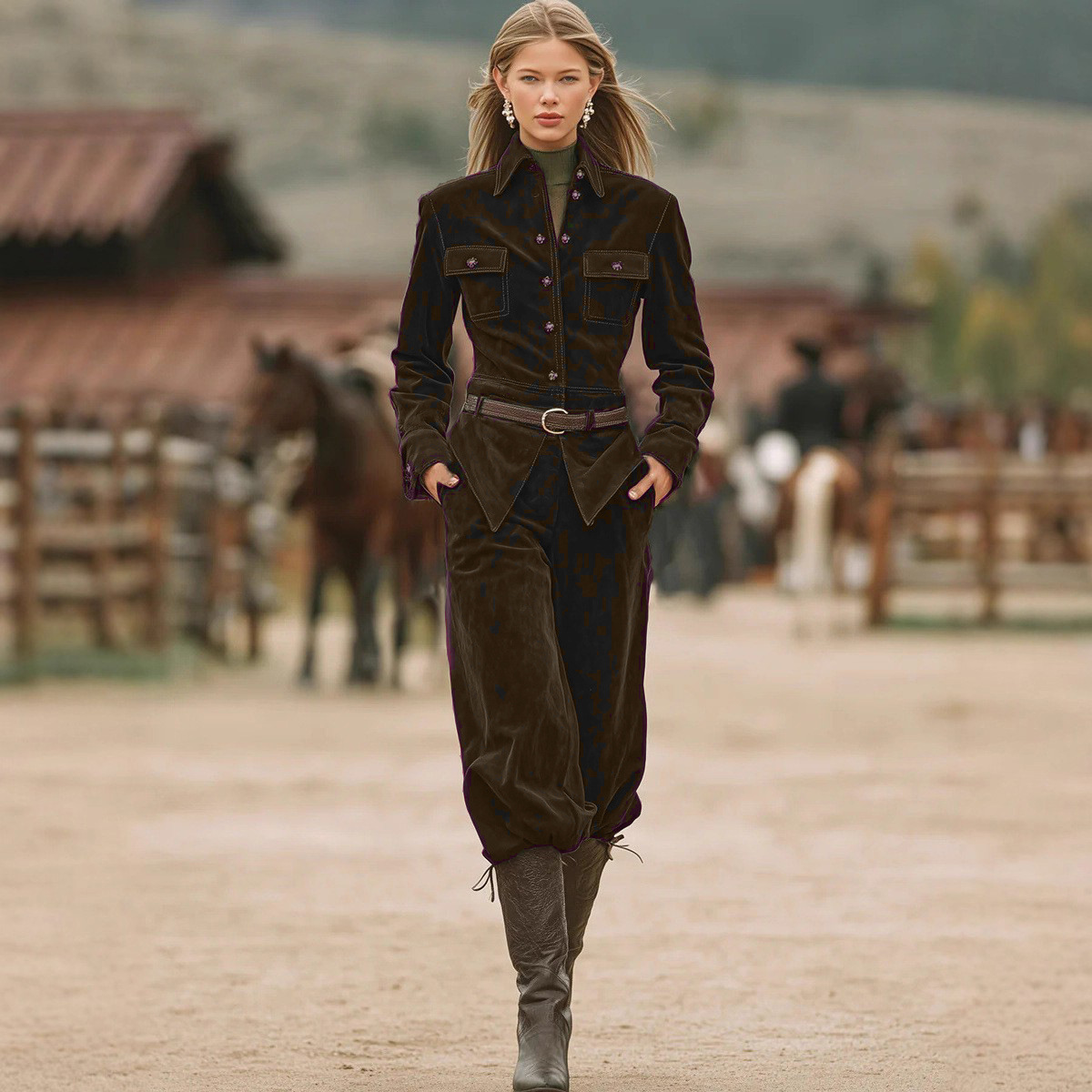 Corduroy Belted Long Sleeve Jacket and Pants Set with Pockets