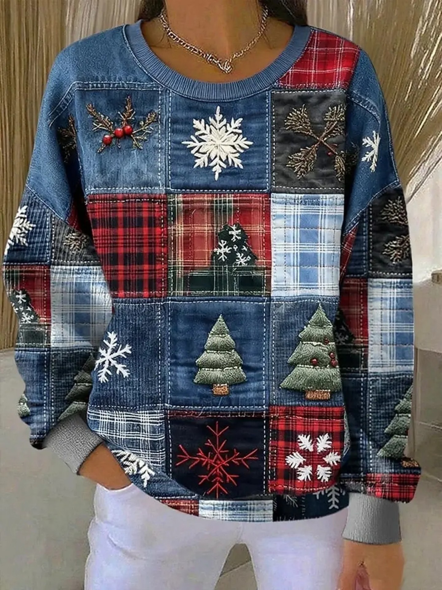 Women's Christmas Bow Plaid Print Crewneck Sweatshirt