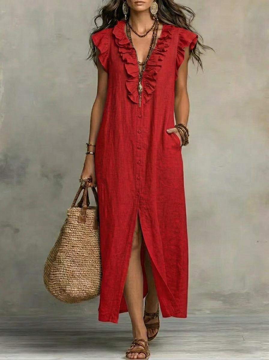 Boho Ruffle V-Neck Button-Front Maxi Dress with Pockets
