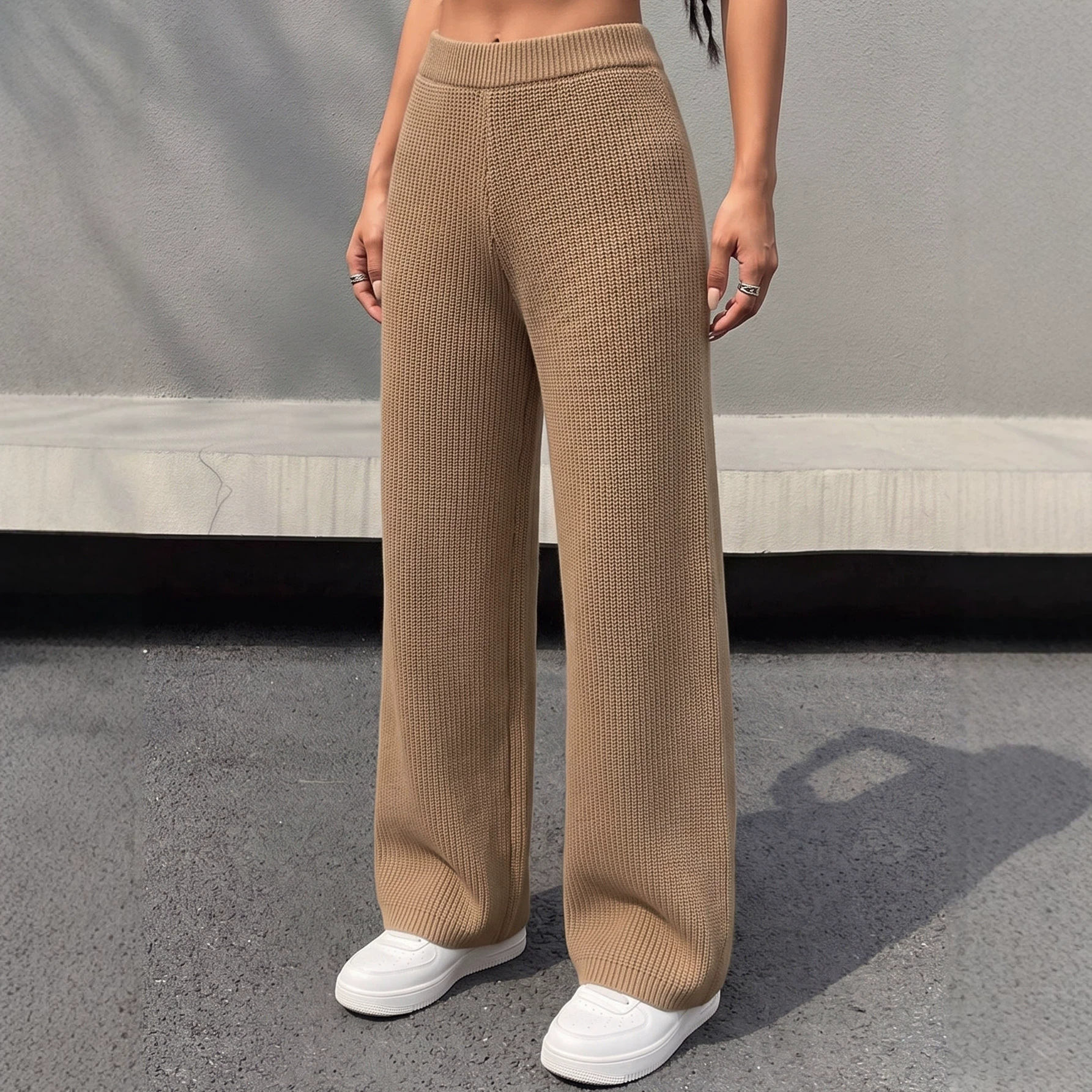 Women's Ribbed Knit Straight-Leg Wide-Leg Pants Mid-High Waist
