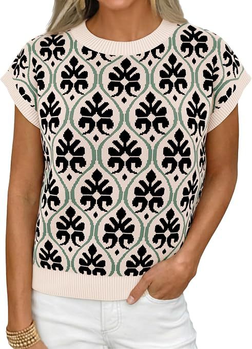 Women's Floral Knit Short Sleeve Sweater Vintage Crew Neck Loose Summer Pullover