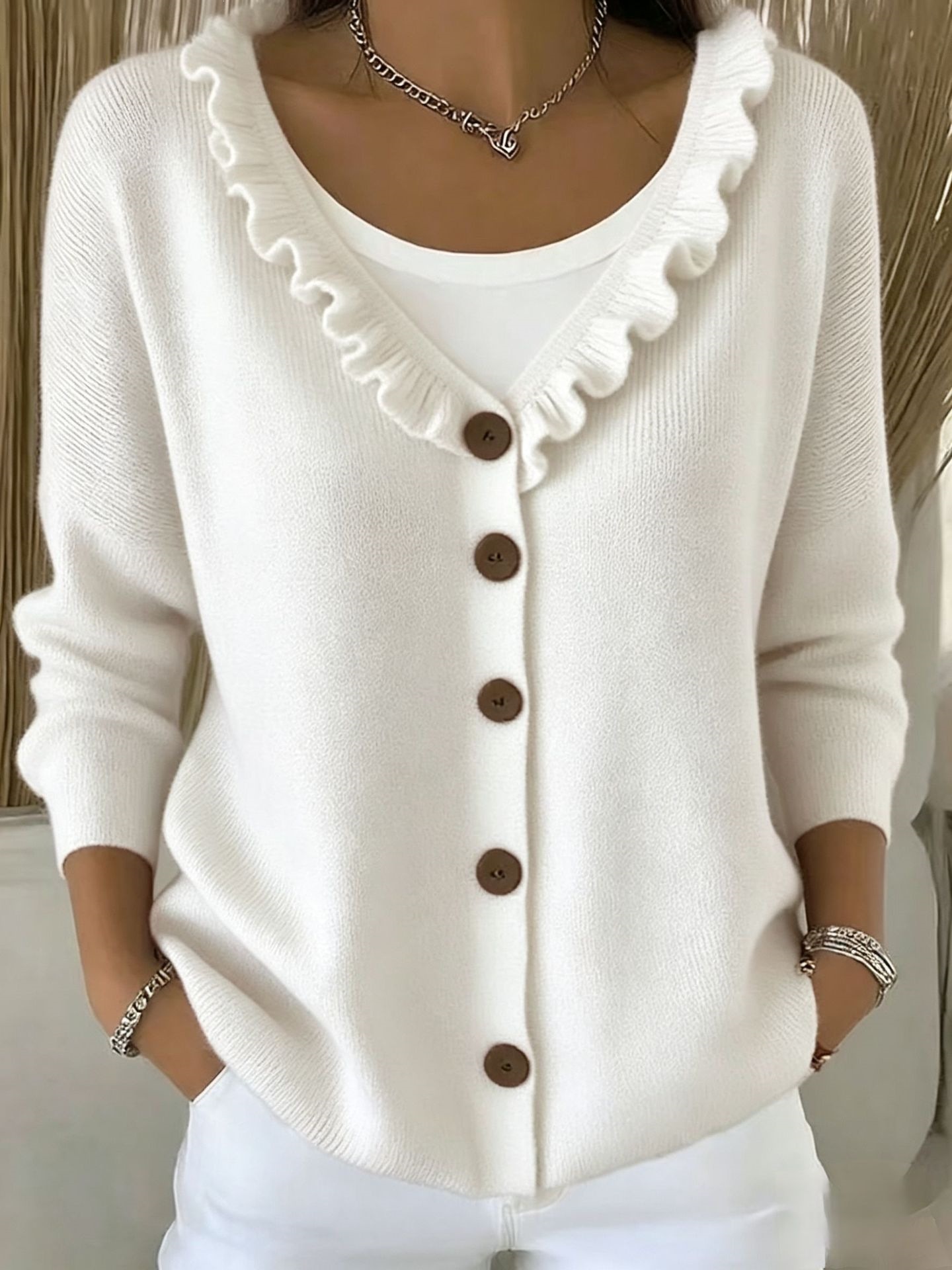 Ruffle Trim V-Neck Knit Cardigan Sweater