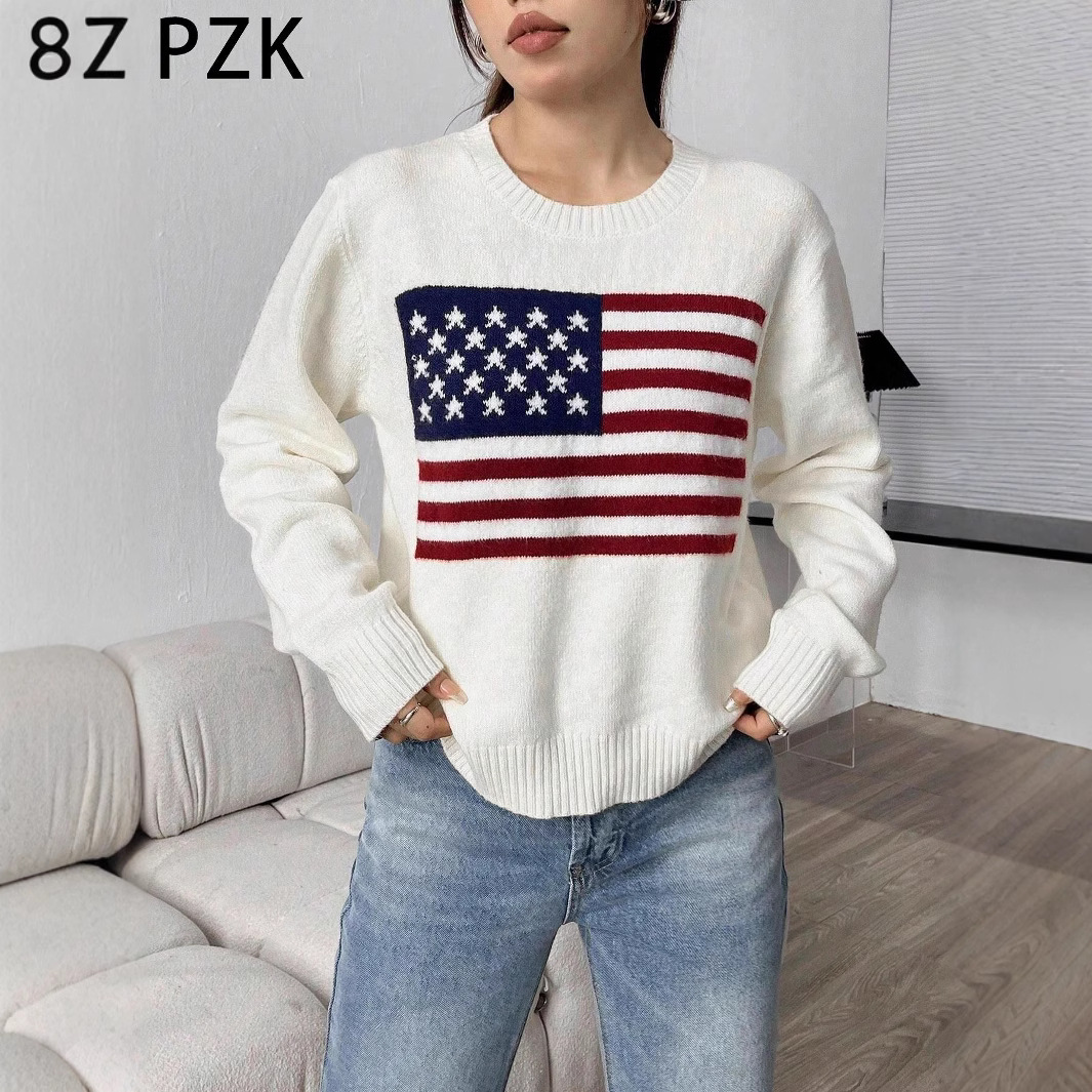American Flag Crewneck Pullover Knit Sweater