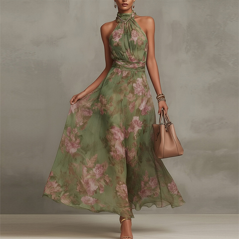 Elegant Floral Print Halter Sleeveless Bodycon Midi Dress