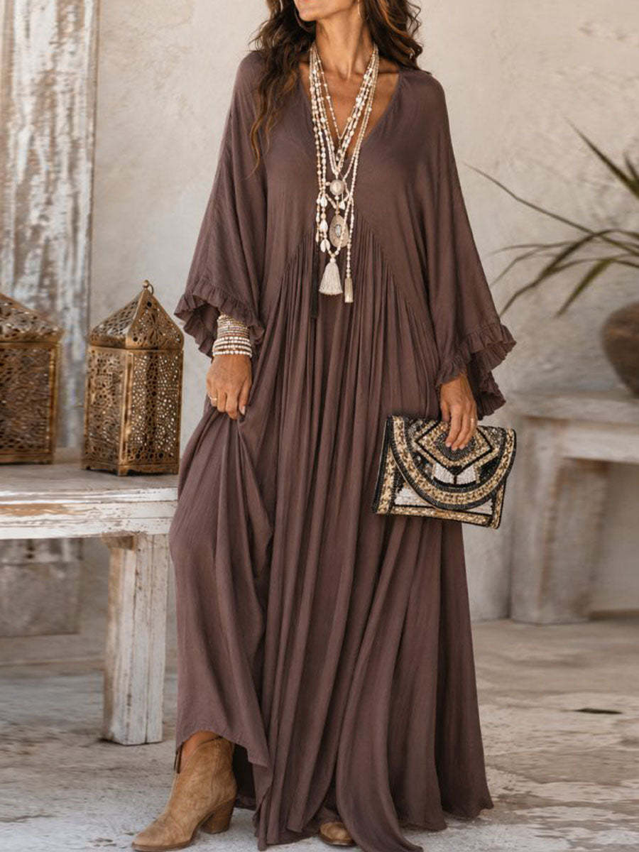 Women's Elegant V-Neck Ruffle Long Sleeve Loose Plus Size Casual Vacation Dress