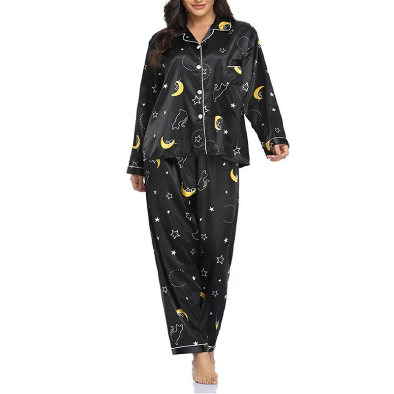 Women's Cuban Collar Polka Dot Leopard Moon Print Long Sleeve Loungewear Set