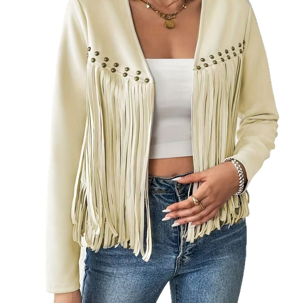 Fringe Faux Suede Studded Open-Front Mid-Length Cardigan Jacket
