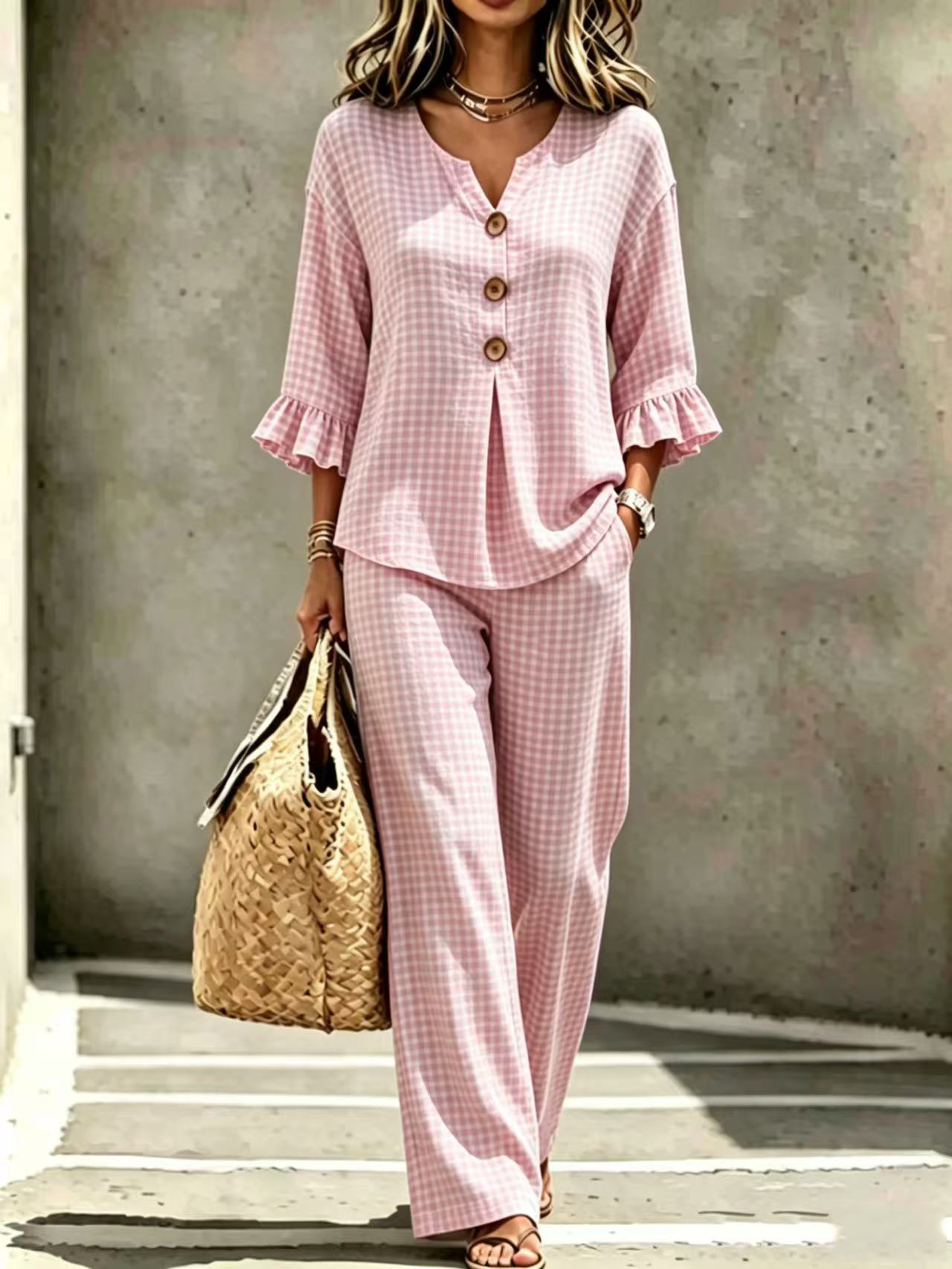 Women's Plaid V-Neck Ruffle Button Top & Pants Set