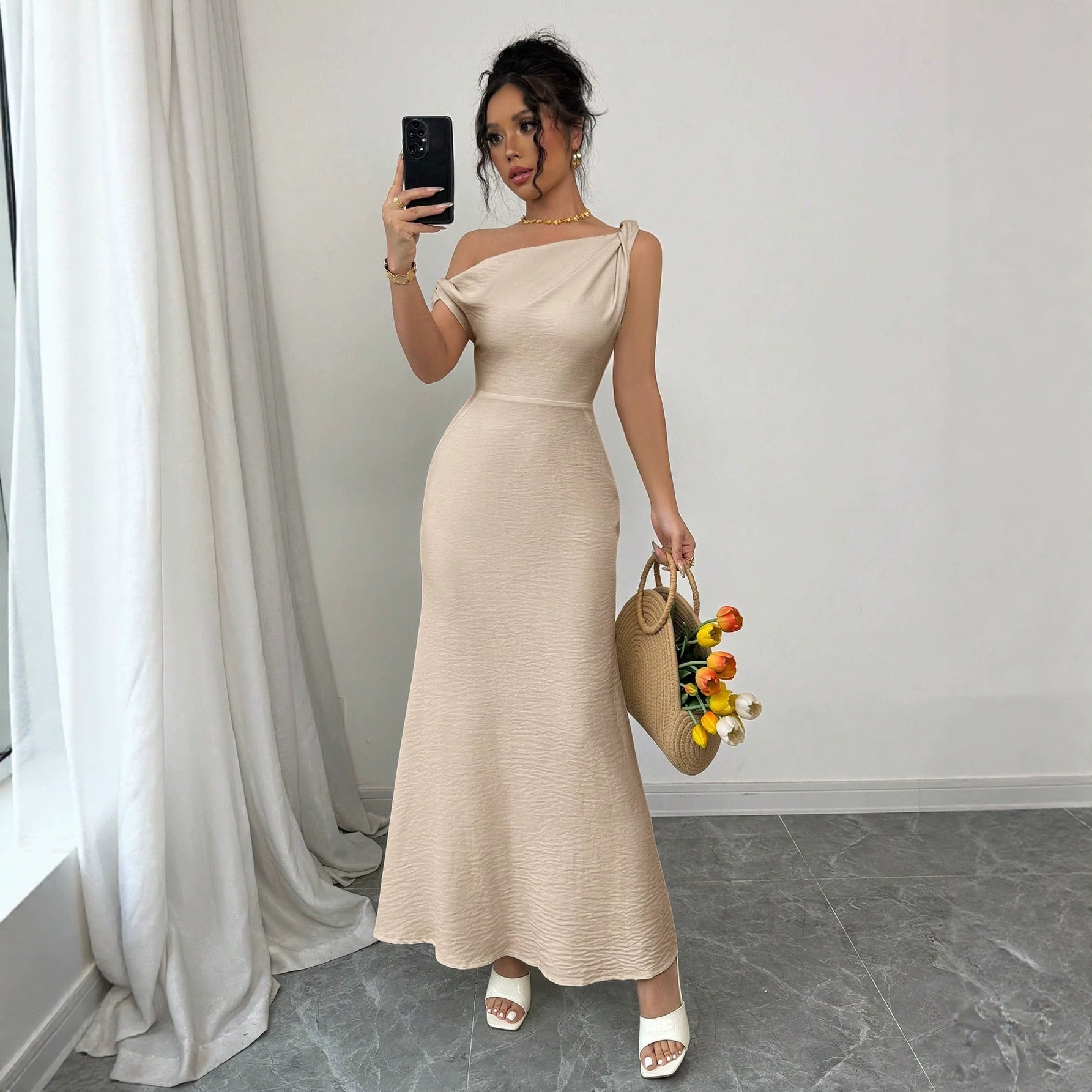 One-Shoulder Cutout Twist Mermaid Dress High Waist Champagne