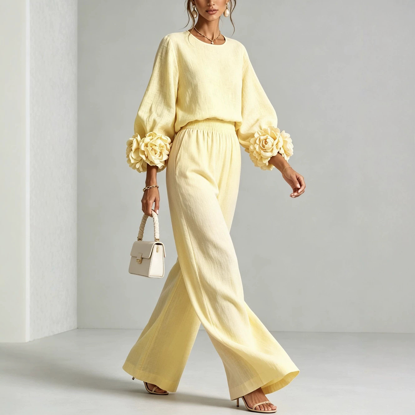 Women's 3D Floral Bubble Sleeve Two-Piece Set with High-Waist Wide-Leg Pants