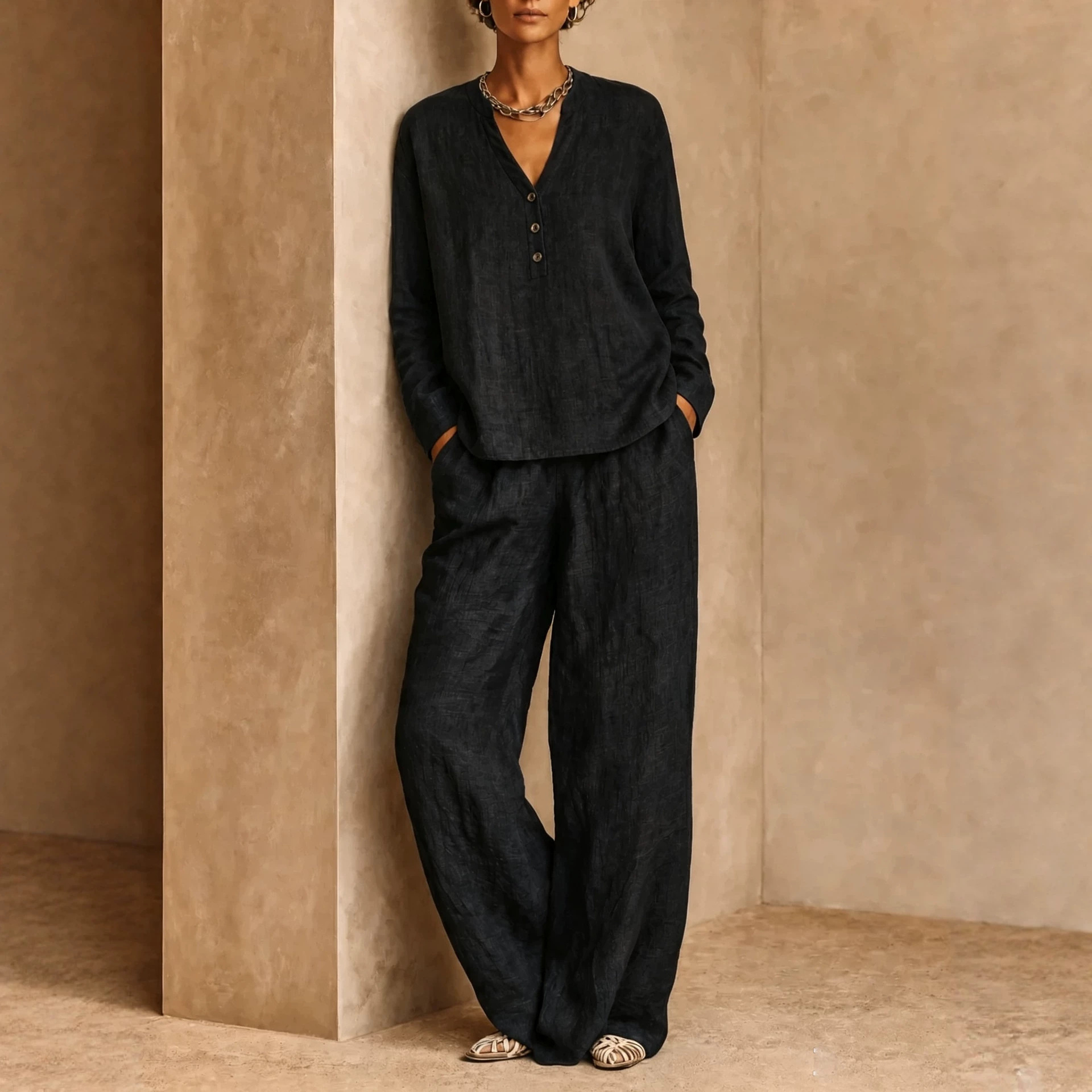 Women's V-Neck Button Solid Long Sleeve Top & Wide-Leg Pants 2-Piece Set