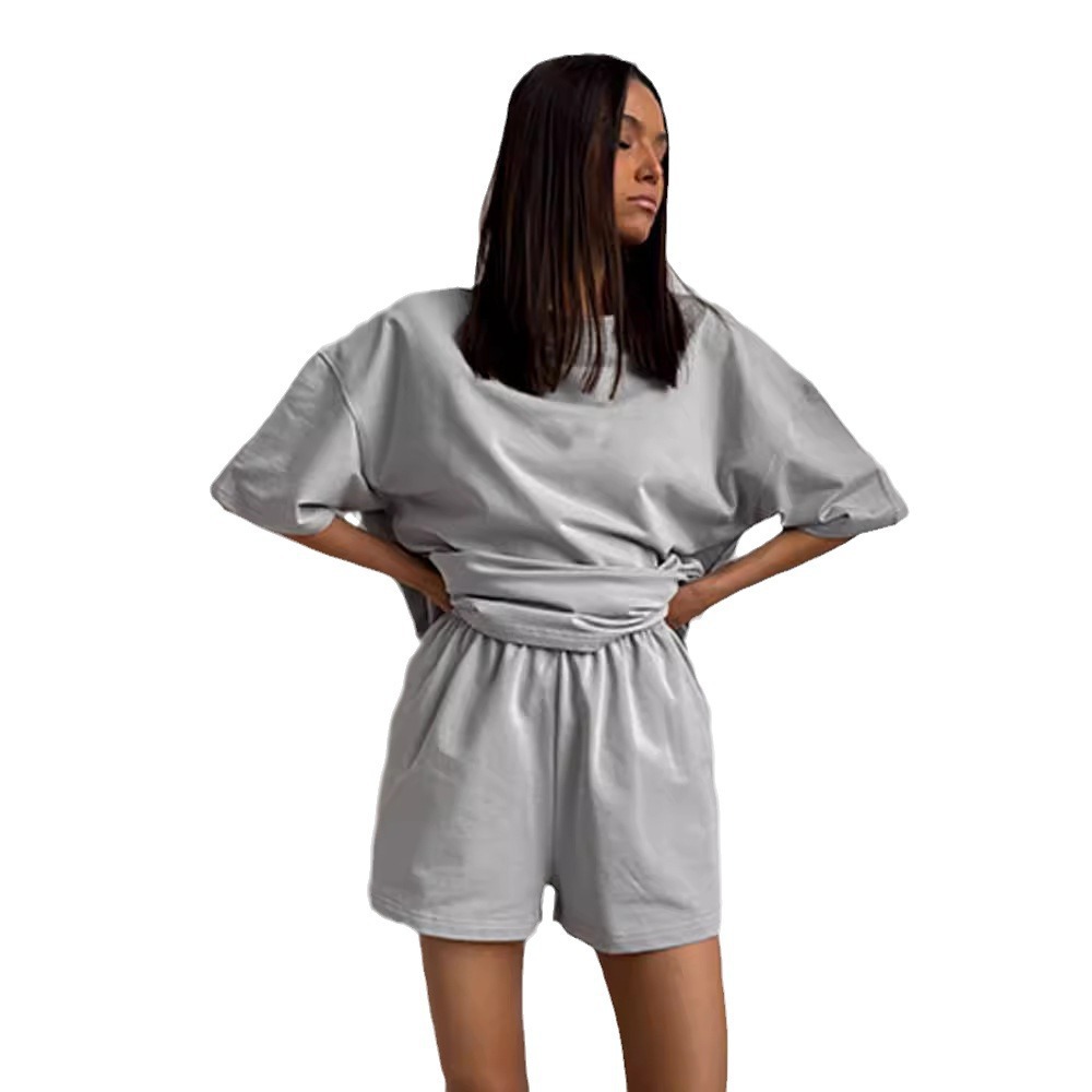 Women's Casual Two-Piece Shorts Set with Short Sleeve Round Neck Top and Solid Color Shorts