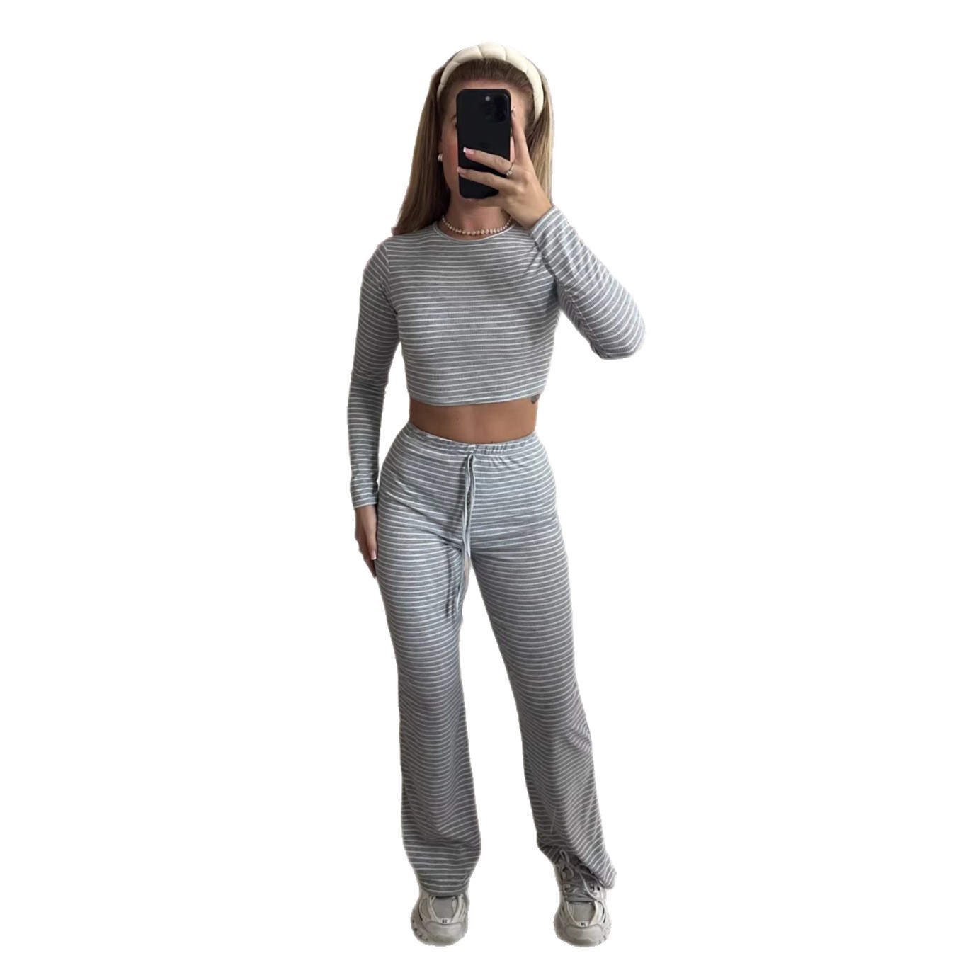 Sexy Striped Color-Block Long-Sleeve Top and Elastic-Waist Pants Two-Piece Set