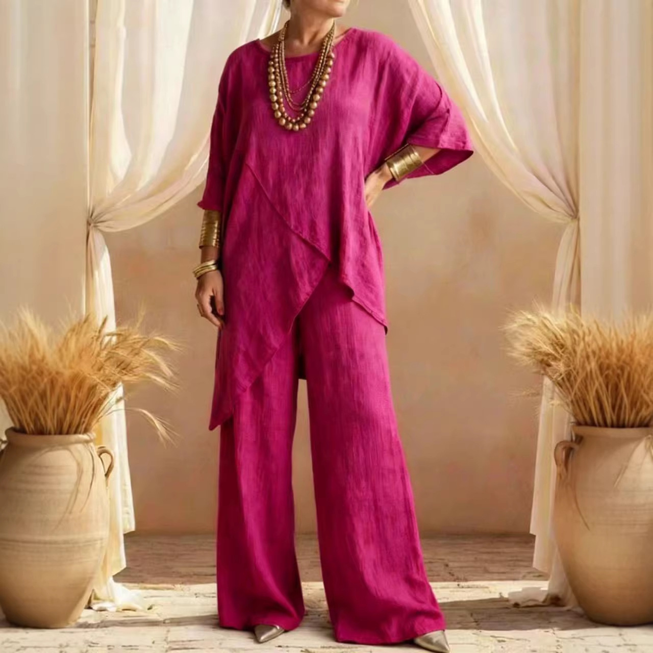 Women's Casual Solid Color Short Sleeve Cotton Linen Two-Piece Set