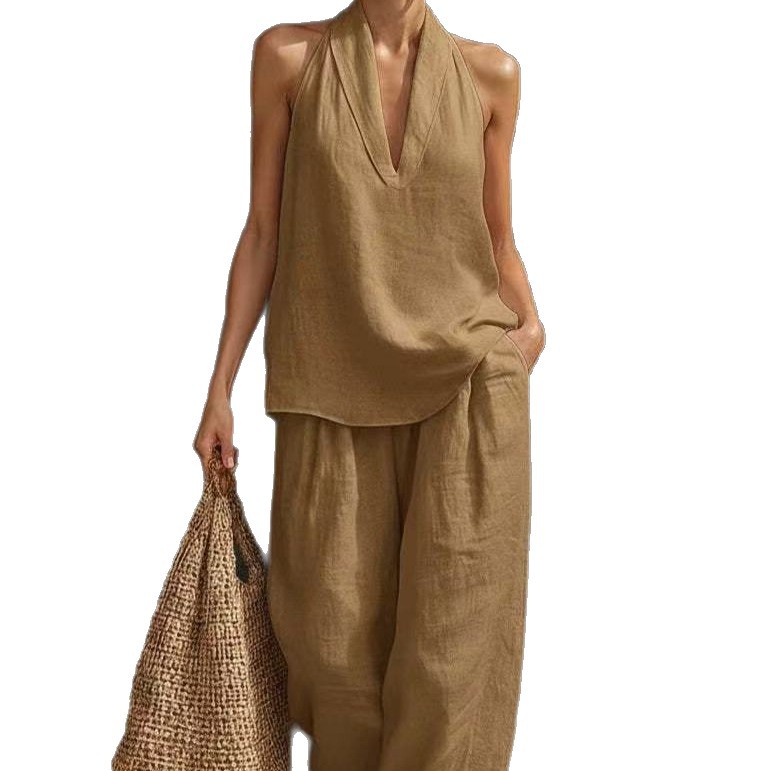 Women's Sleeveless Loose Cold-Shoulder Top & Wide-Leg Pants Two-Piece Set
