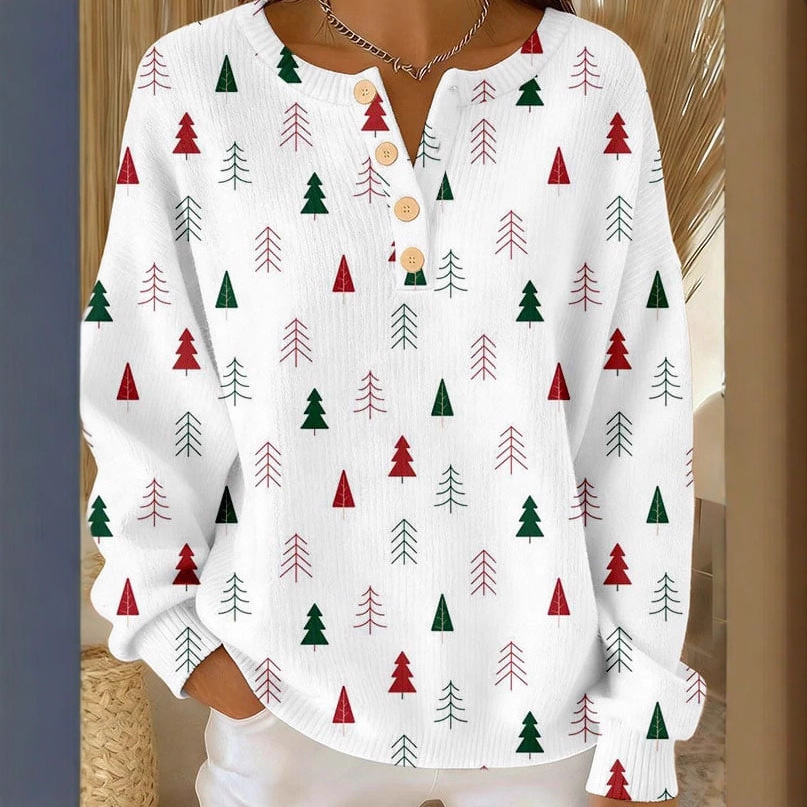 Women's Plaid Tree Floral Polka Dot Print Button Sweatshirt