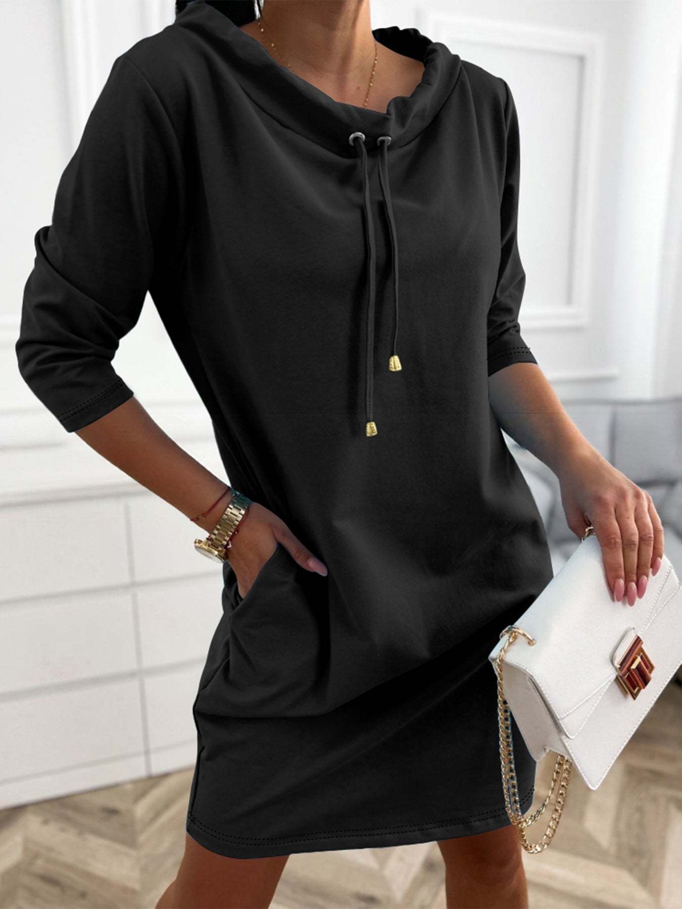 Women's Casual Hooded Sweatshirt Dress with Drawstring Stand Collar