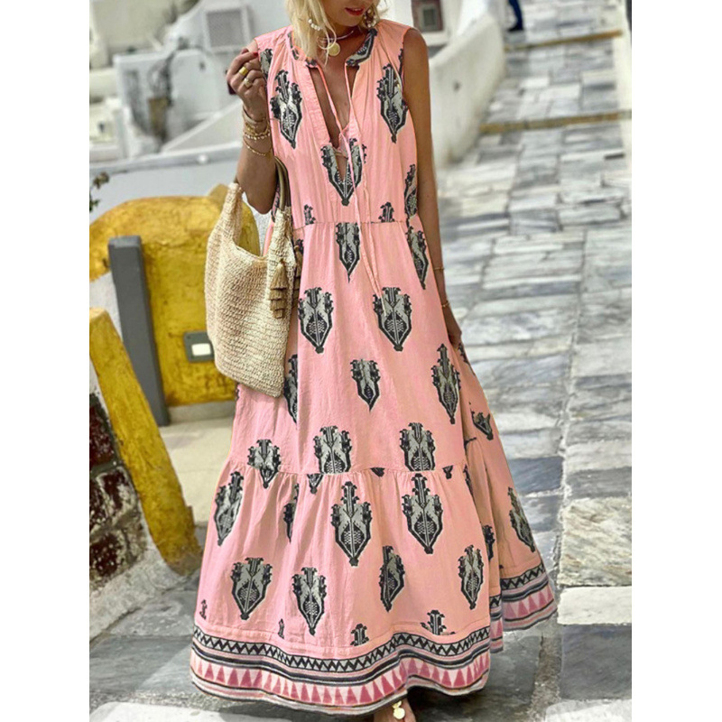 Bohemian Print Sleeveless Deep V-Neck Maxi Dress