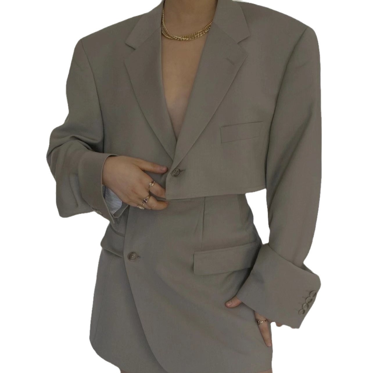 Women's Gray Blazer and Skirt Set Long Sleeve Commuter Two-Piece