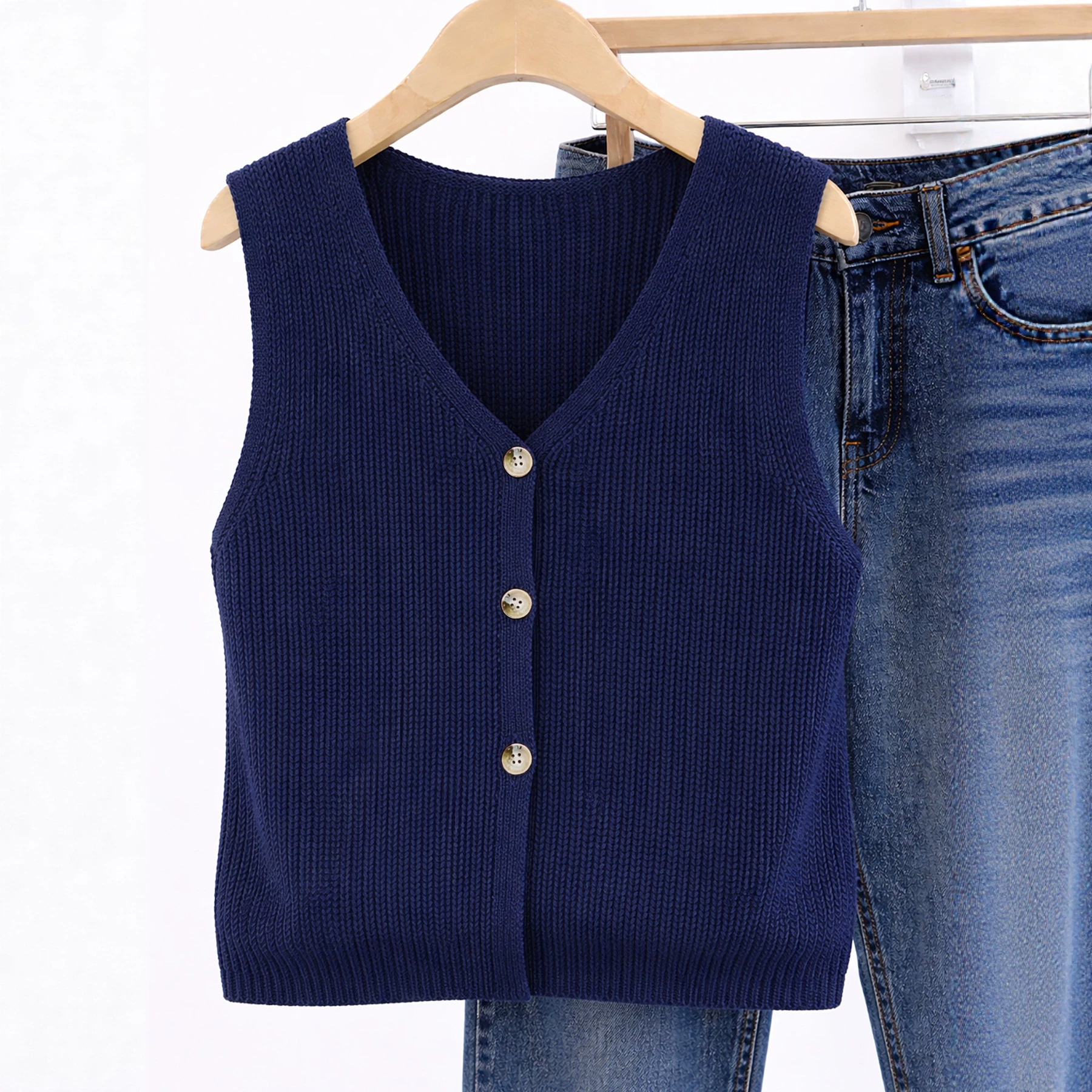 Women's Knit Vest with Three Buttons Solid Color V-Neck Slim Fit Sleeveless