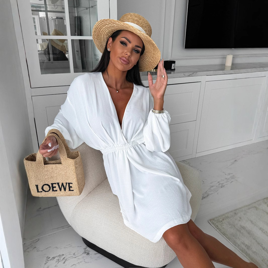Women's Long Sleeve V-Neck Waist-Cinched Flared Dress