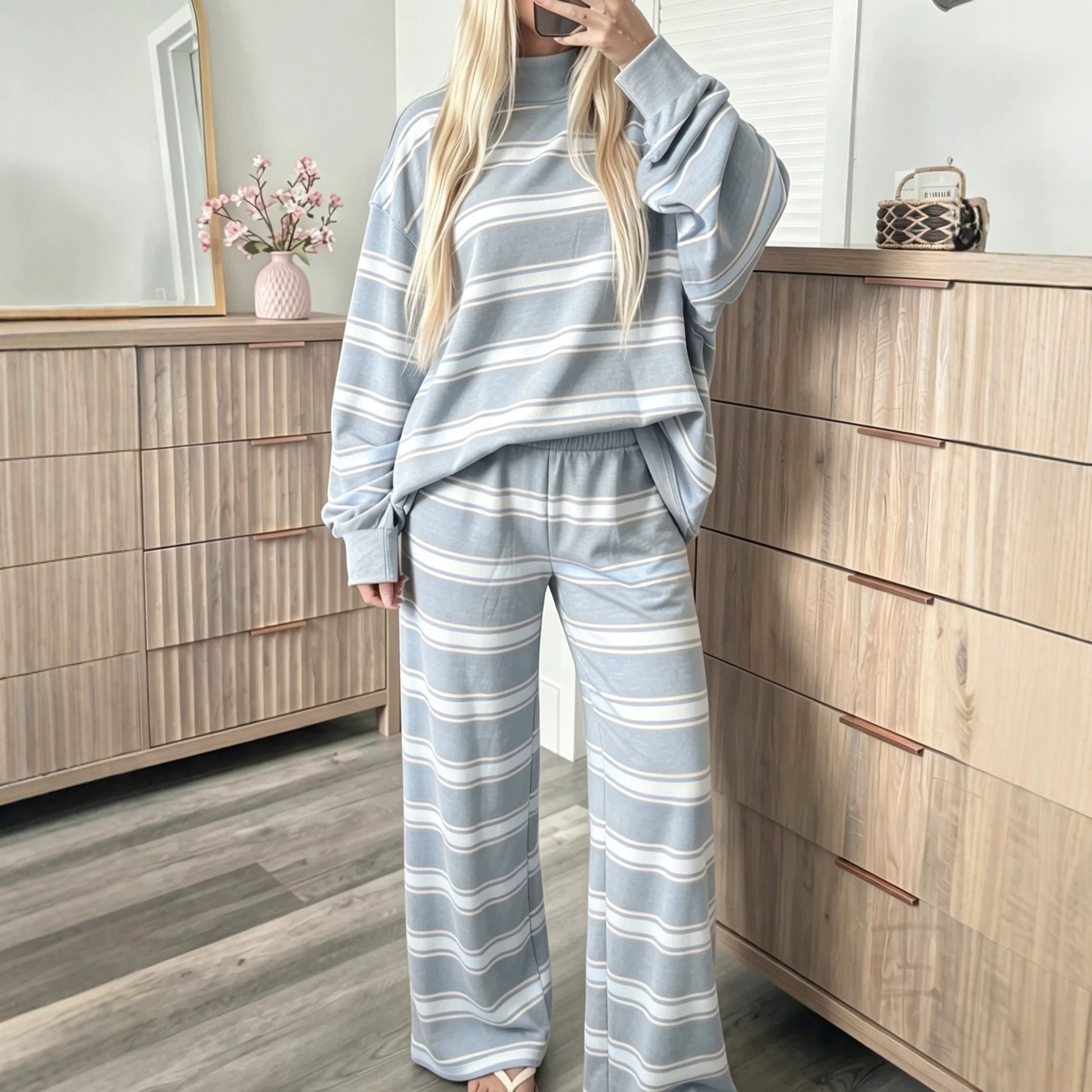 Striped Print Two-Piece Women's Casual Set Long Sleeve Crew Neck