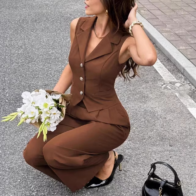 Women's Sleeveless Blazer Vest and Pants Set Solid Color Commuter Two-Piece