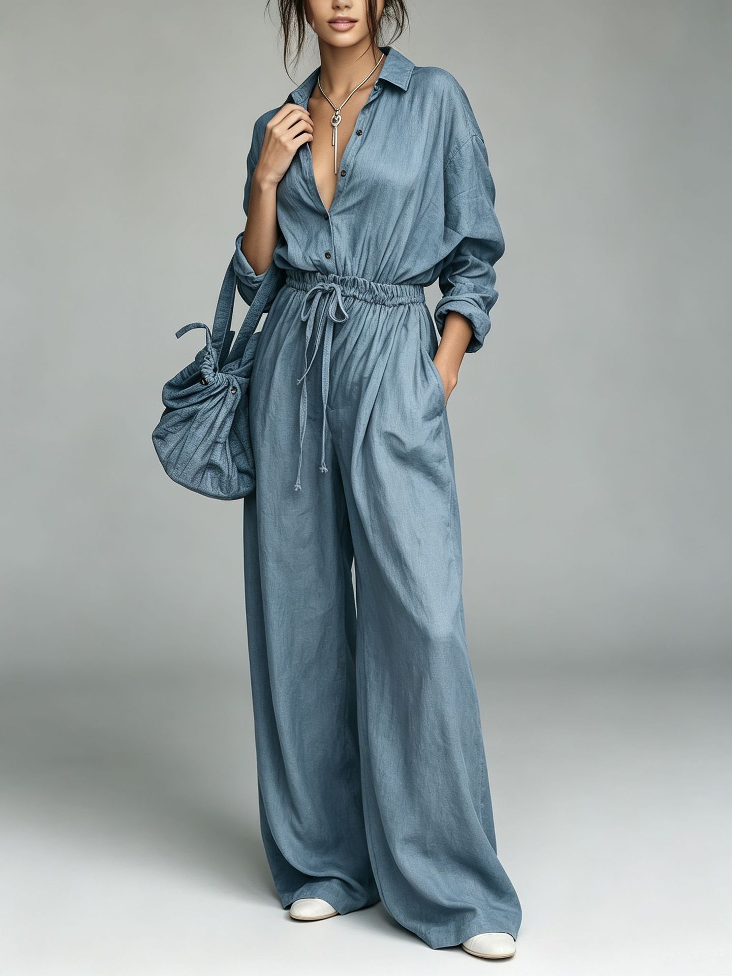 Minimalist Long-Sleeve Tie-Waist Two-Piece Set