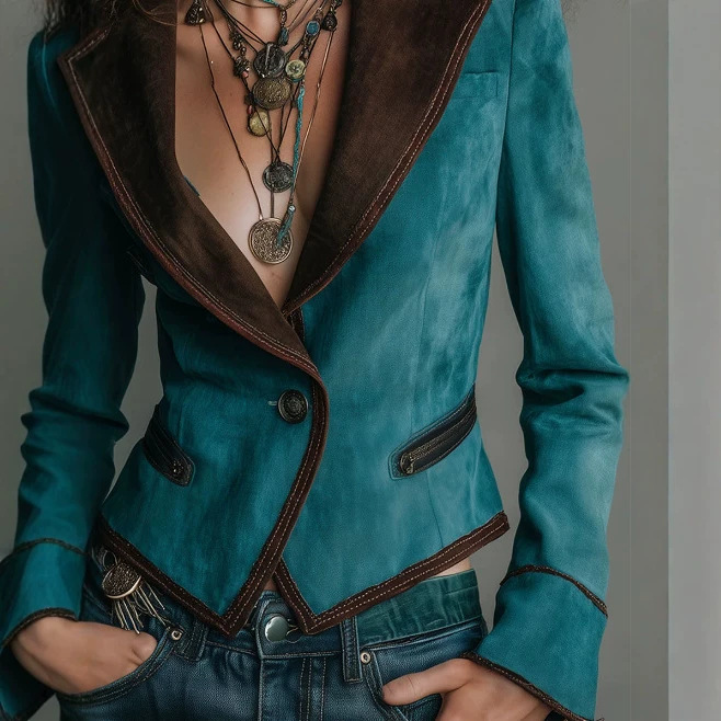 Retro Lapel Zip-Trim Slim Blazer