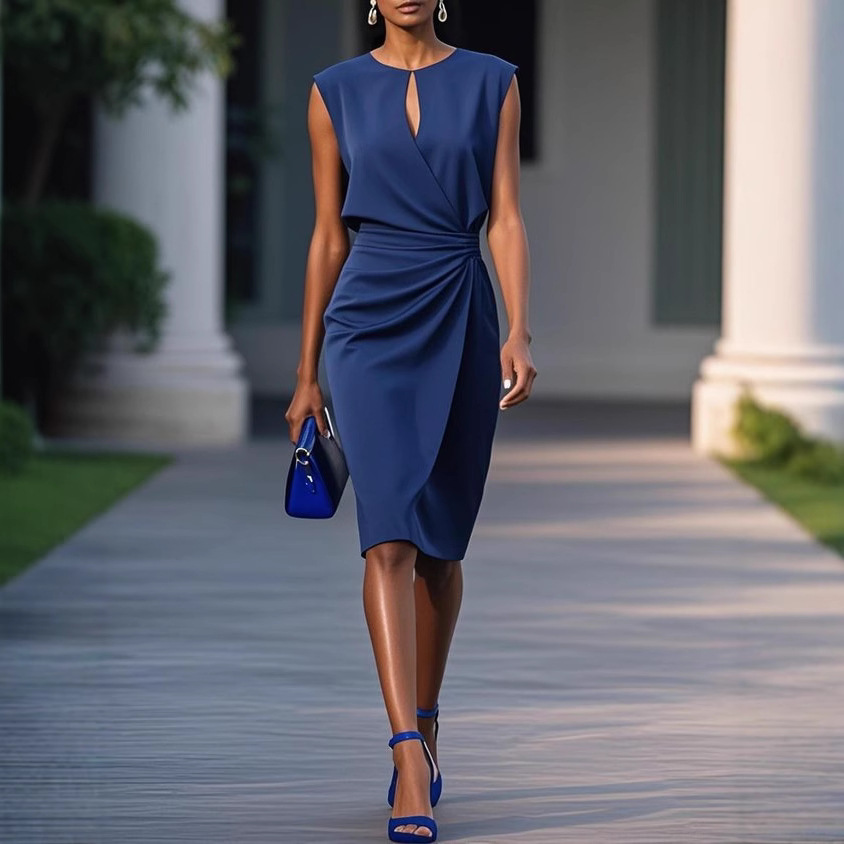 Women's Elegant Cross-Front Cutout Dress with Knotted Round Neck