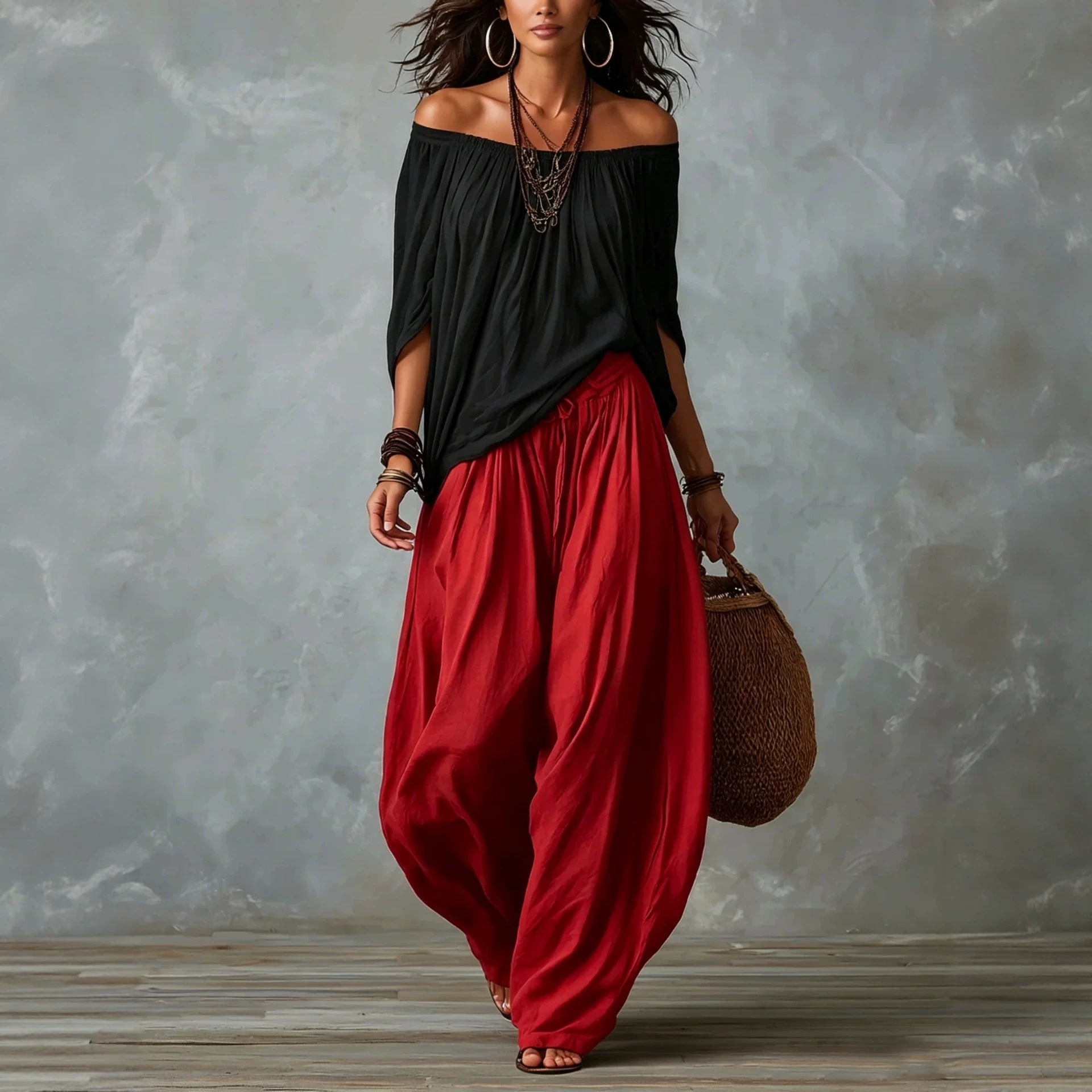 Paisley Print Off-Shoulder Wide-Leg Two-Piece Set