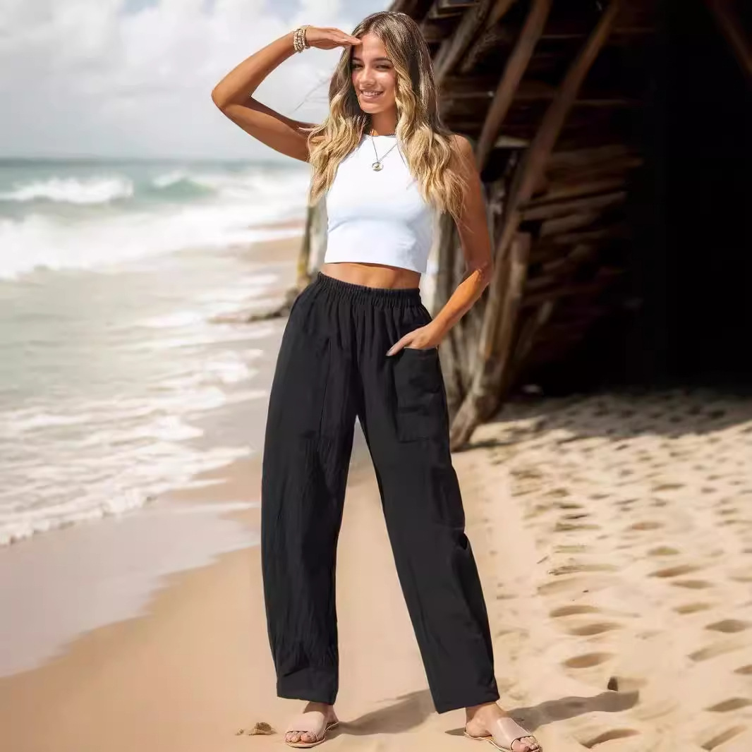 Women's Cotton-Linen Straight-Leg Cropped Pants with Elastic Waist